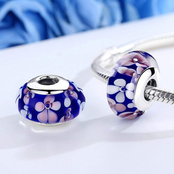 Solid 925 Sterling Silver Pink and White Blossom Inclusion Murano Glass Charm - Image 2