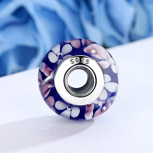 Solid 925 Sterling Silver Pink and White Blossom Inclusion Murano Glass Charm - Image 3