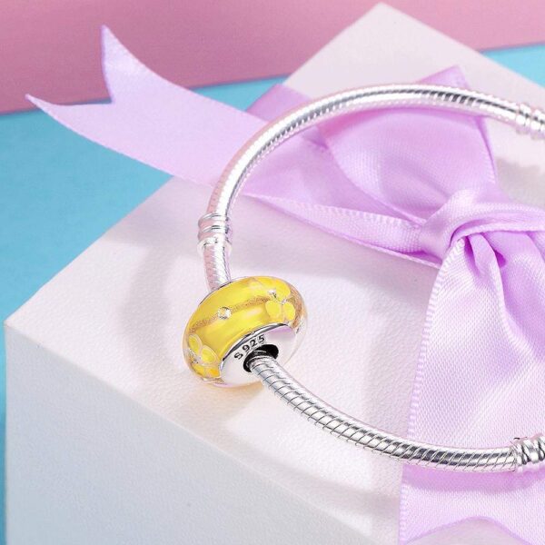 Solid 925 Sterling Silver Yellow Blossom Inclusion Murano Glass Charm - Image 3