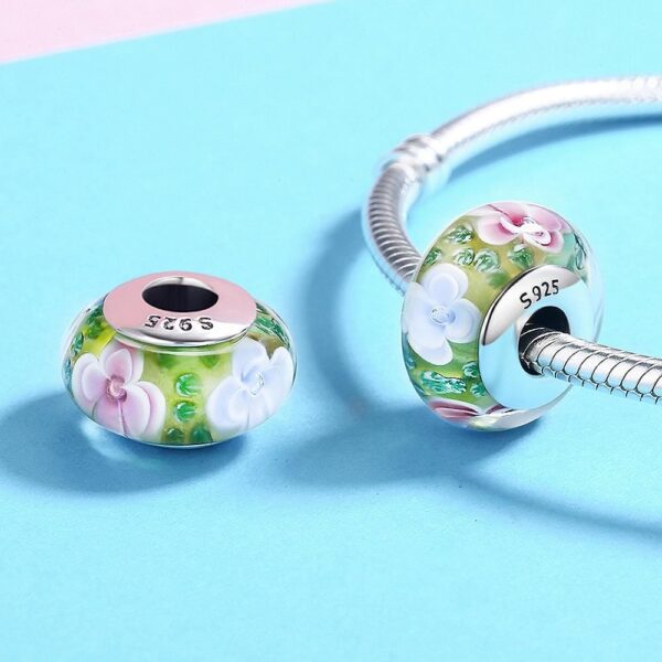 Solid 925 Sterling Silver Pink and Light Blue Blossom Inclusion Green Murano Glass Charm - Image 2