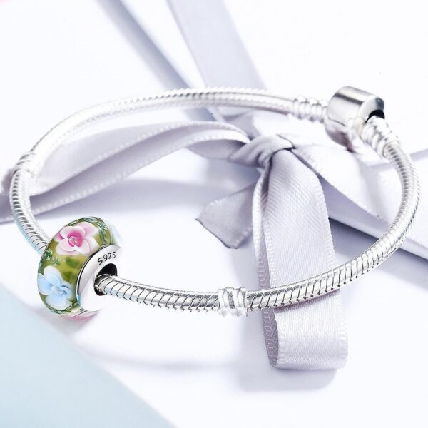 Solid 925 Sterling Silver Pink and Light Blue Blossom Inclusion Green Murano Glass Charm - Image 3