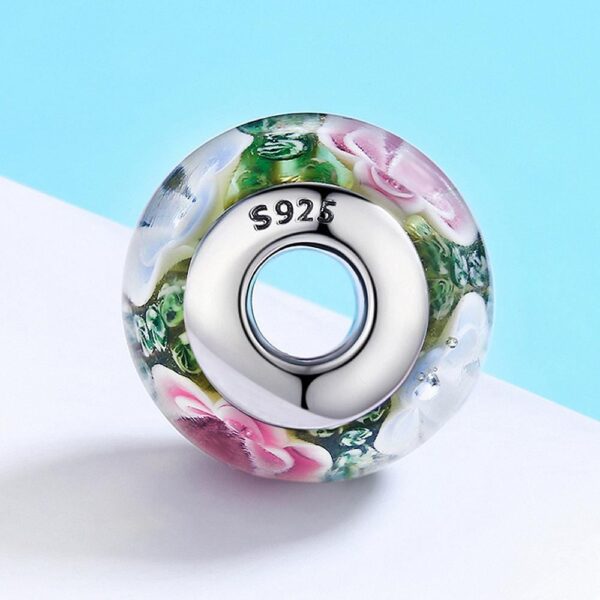 Solid 925 Sterling Silver Pink and Light Blue Blossom Inclusion Green Murano Glass Charm - Image 4