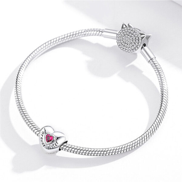 Solid 925 Sterling Silver Bolded Heart Forever Sister Inscription Pandora Inspired Charm - Image 2
