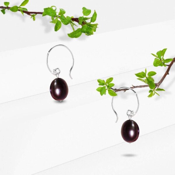 Solid 925 Sterling Silver Freshwater Pearl Drop Earrings Black - Image 2