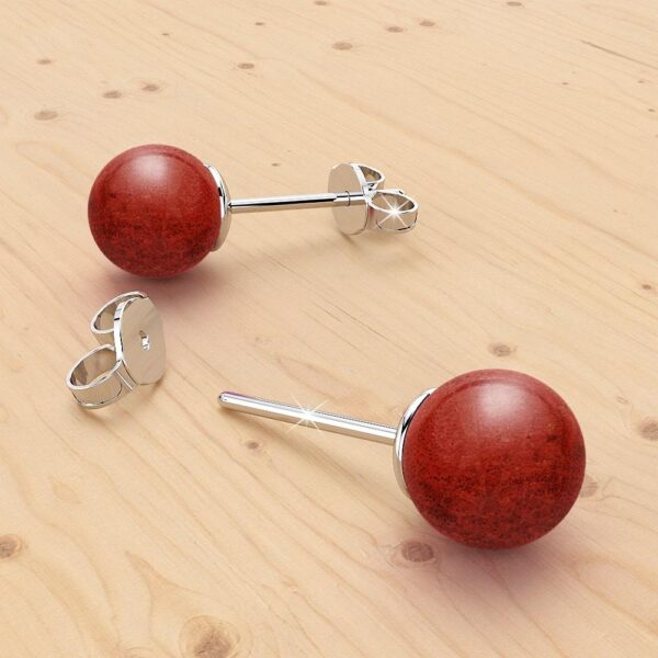Solid 925 Sterling Silver Sphere Red Coral Stud Earrings - Image 2