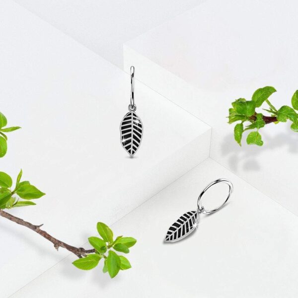 Solid 925 Sterling Silver Antique Leaf Hoop Earrings - Image 2