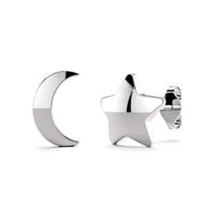 Solid 925 Sterling Silver Crescent Moon and Star Stud Earrings