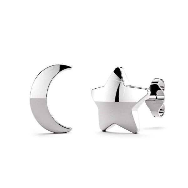 Solid 925 Sterling Silver Crescent Moon and Star Stud Earrings
