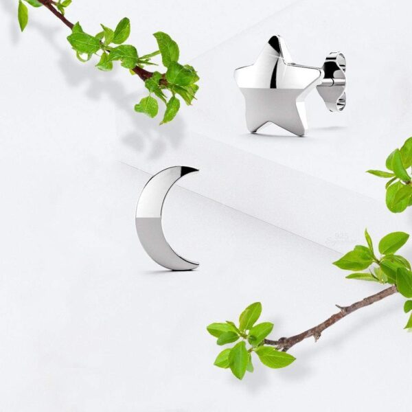 Solid 925 Sterling Silver Crescent Moon and Star Stud Earrings - Image 3
