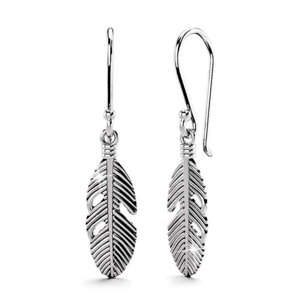 Solid 925 Sterling Silver Oxidised Feather Dangle Earrings