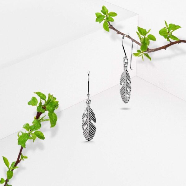 Solid 925 Sterling Silver Oxidised Feather Dangle Earrings - Image 3
