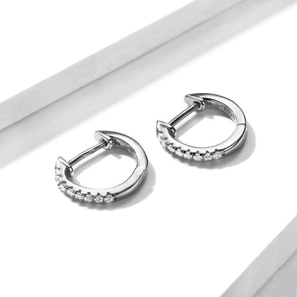 Solid 925 Sterling Silver Sparkling Zircon White Gold Huggie Earrings - Image 2