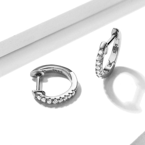 Solid 925 Sterling Silver Sparkling Zircon White Gold Huggie Earrings - Image 3
