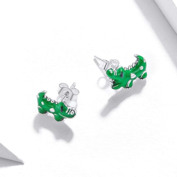 Solid 925 Sterling Silver Asymmetrical Green Crocodile Reptile Earrings - Image 2