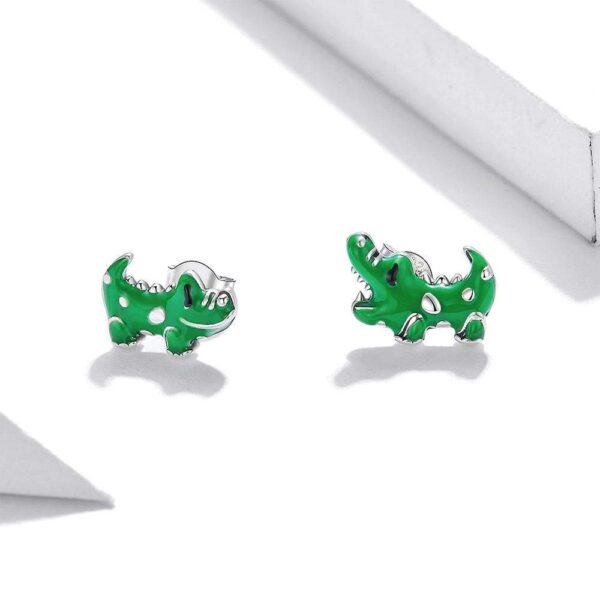 Solid 925 Sterling Silver Asymmetrical Green Crocodile Reptile Earrings - Image 3