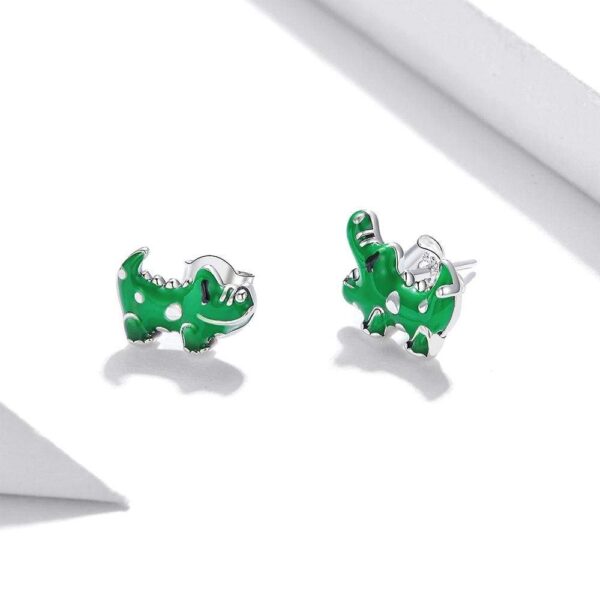 Solid 925 Sterling Silver Asymmetrical Green Crocodile Reptile Earrings - Image 4