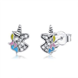 Solid 925 Sterling Silver Pastel Hue Unicorn Stud Earrings