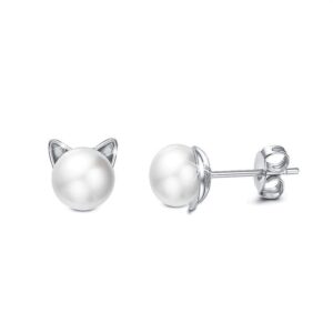 Solid 925 Sterling Silver Kitty Pearl Stud Earrings