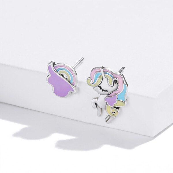 Solid 925 Sterling Silver Glitzy Pastel Unicorn Stud Earrings - Image 2