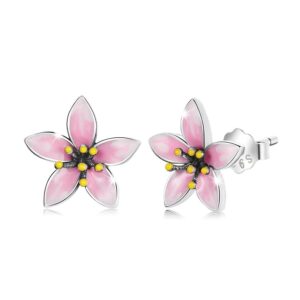 Solid 925 Sterling Silver Pink Floral Stud Earrings