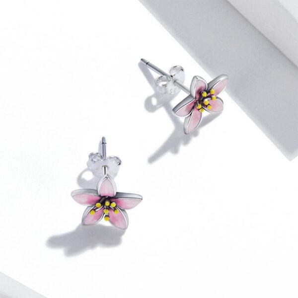 Solid 925 Sterling Silver Pink Floral Stud Earrings - Image 2