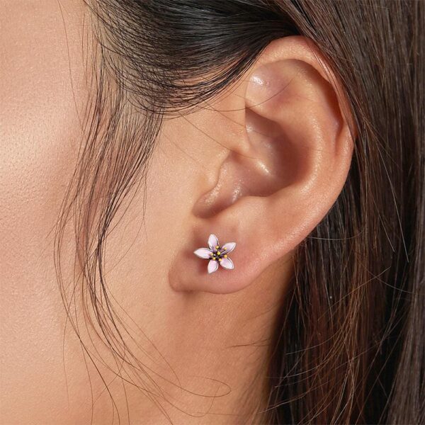 Solid 925 Sterling Silver Pink Floral Stud Earrings - Image 3