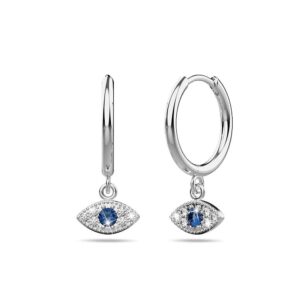 Solid 925 Sterling Silver Zircon Evil Eye Huggie Earrings Silver