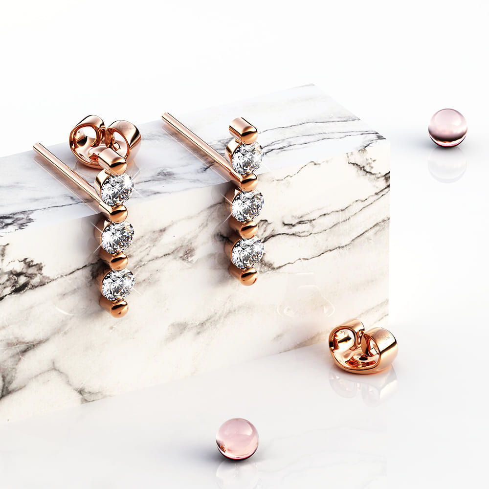 Triple Zircon Cluster Stud Earrings In Rose Gold - Image 2