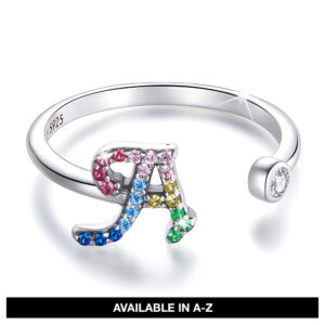 Solid 925 Sterling Silver Colourful Rainbow Alphabet Letter Adjustable Rings