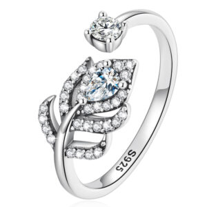 Solid 925 Signature Silver Crystal Feather Open Cut Ring