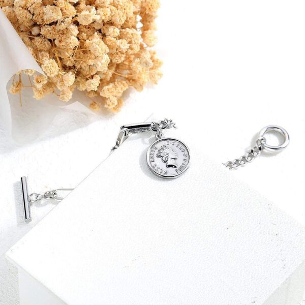 Lucky Coin Charm Toggle Clasp Bracelet in White Gold Layered Steel Jewellery - Image 2