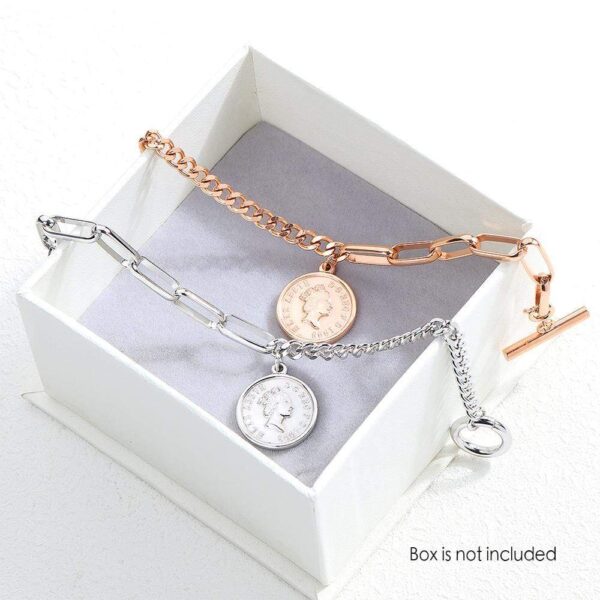 Lucky Coin Charm Toggle Clasp Bracelet in White Gold Layered Steel Jewellery - Image 4