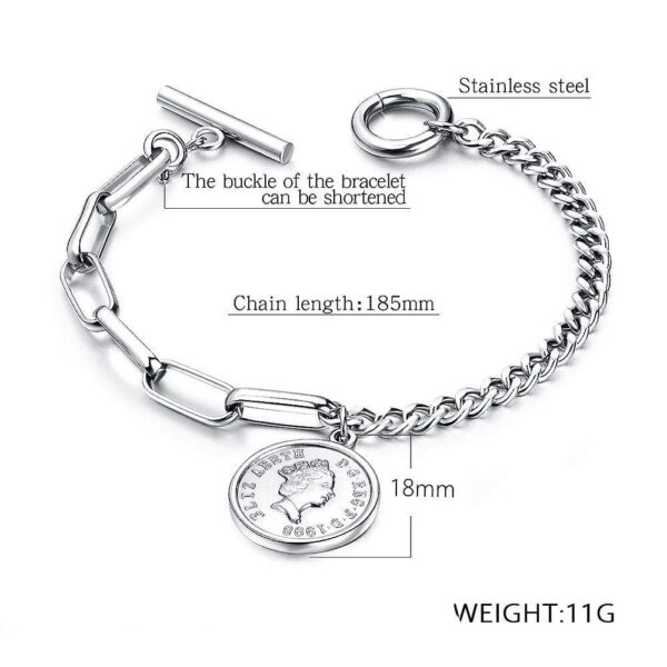 Lucky Coin Charm Toggle Clasp Bracelet in White Gold Layered Steel Jewellery - Image 5