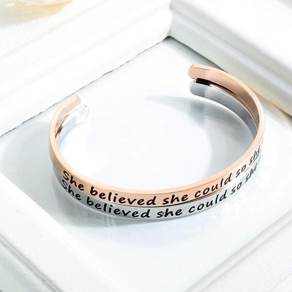 Inspirational Inscription Cuff Bangle in Rose Gold Layered Steel Jewellery - Image 6