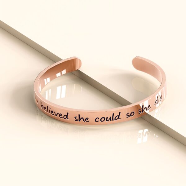 Inspirational Inscription Cuff Bangle in Rose Gold Layered Steel Jewellery - Image 2