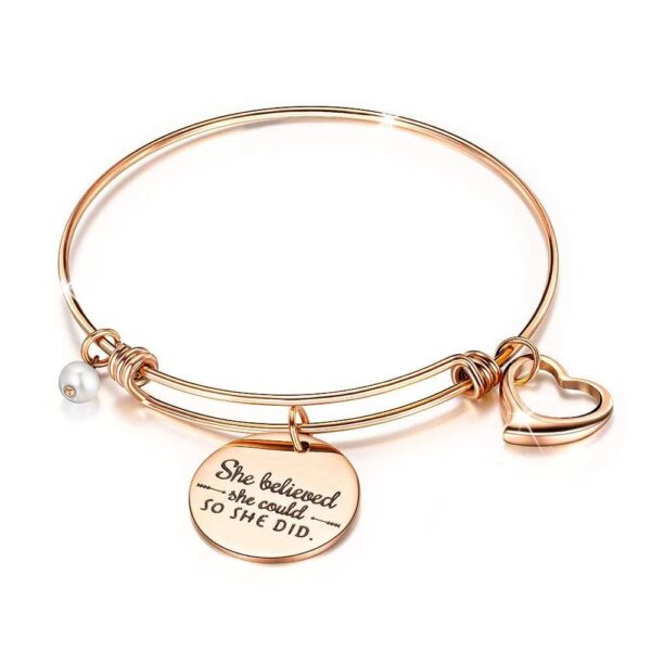 She Believed She Could Heart Charm Rose Gold Layered Tubular Adjustable Inspirational Bangle