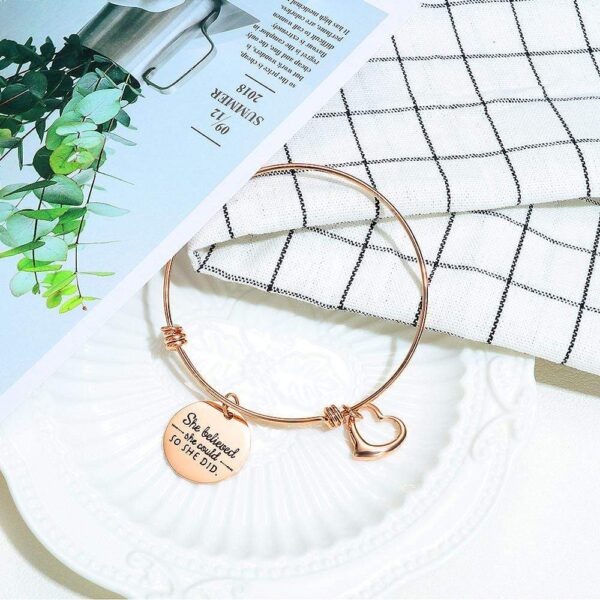 She Believed She Could Heart Charm Rose Gold Layered Tubular Adjustable Inspirational Bangle - Image 4