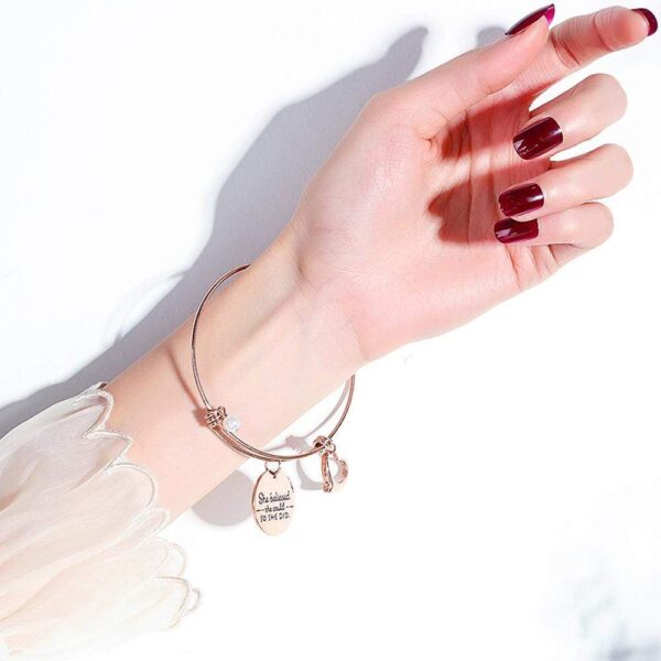 She Believed She Could Heart Charm Rose Gold Layered Tubular Adjustable Inspirational Bangle - Image 5