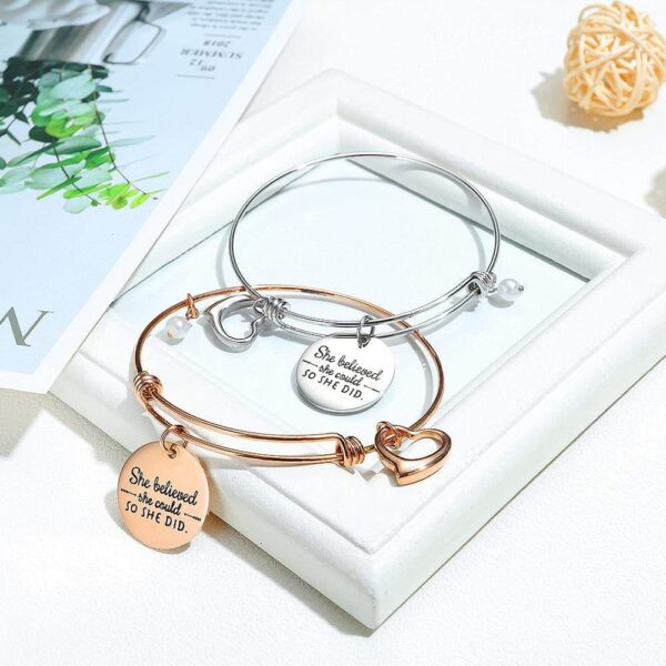 She Believed She Could Heart Charm Rose Gold Layered Tubular Adjustable Inspirational Bangle - Image 6