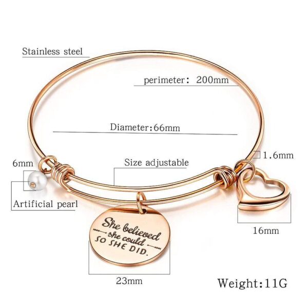 She Believed She Could Heart Charm Rose Gold Layered Tubular Adjustable Inspirational Bangle - Image 7