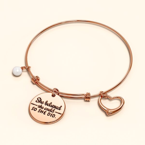 She Believed She Could Heart Charm Rose Gold Layered Tubular Adjustable Inspirational Bangle - Image 2