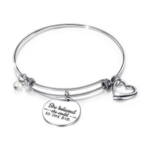 She Believed She Could Heart Charm White Gold Layered Tubular Adjustable Inspirational Bangle