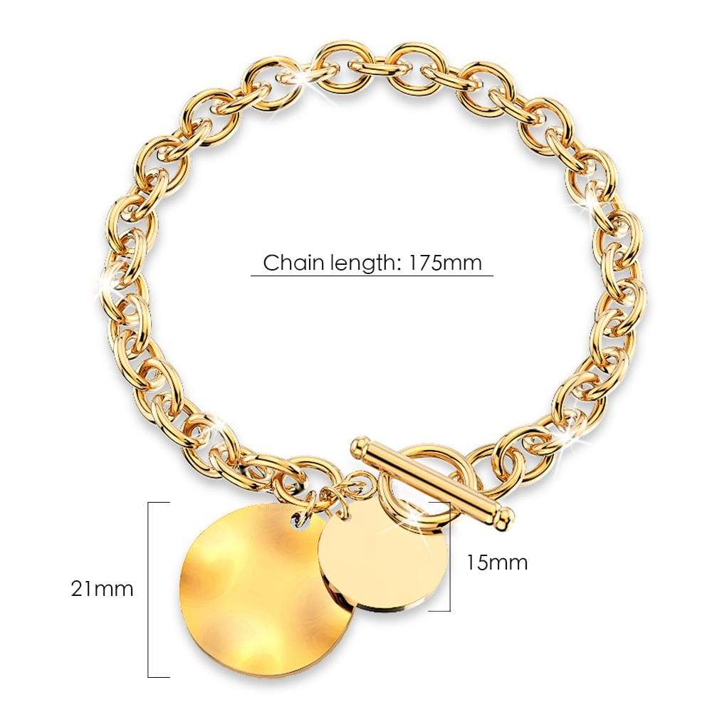 Hammered Disc Charm Belcher T-Bar Toggle Bracelet in Gold Layered Steel Jewellery - Image 4