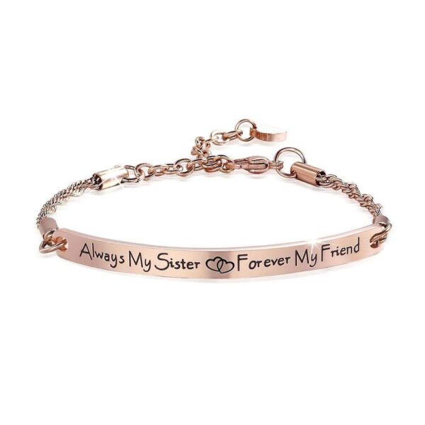 Sisters Forever Inscriptions Rose Gold Bar Bracelet