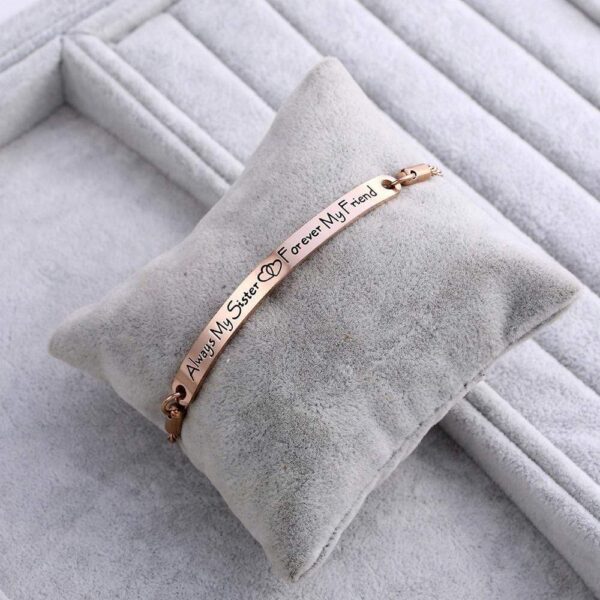 Sisters Forever Inscriptions Rose Gold Bar Bracelet - Image 2
