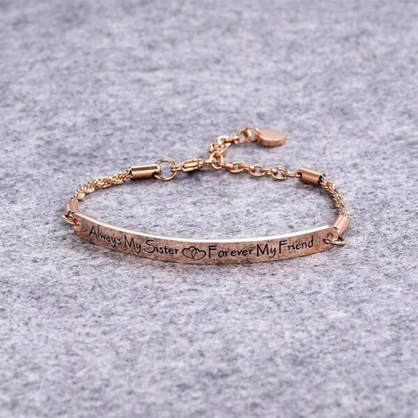 Sisters Forever Inscriptions Rose Gold Bar Bracelet - Image 3