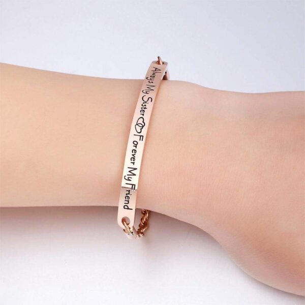Sisters Forever Inscriptions Rose Gold Bar Bracelet - Image 4