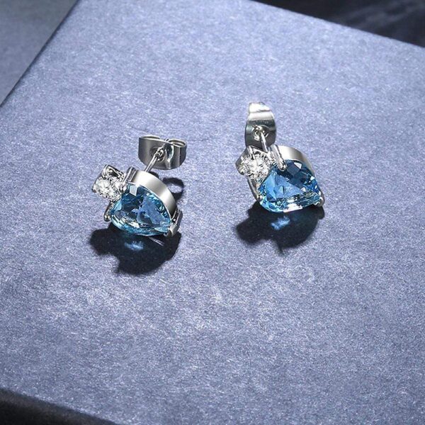 My Amore Blue Love Heart White Gold Layered Stud Earrings - Image 3
