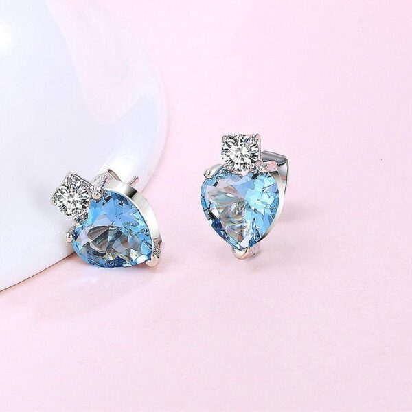My Amore Blue Love Heart White Gold Layered Stud Earrings - Image 5