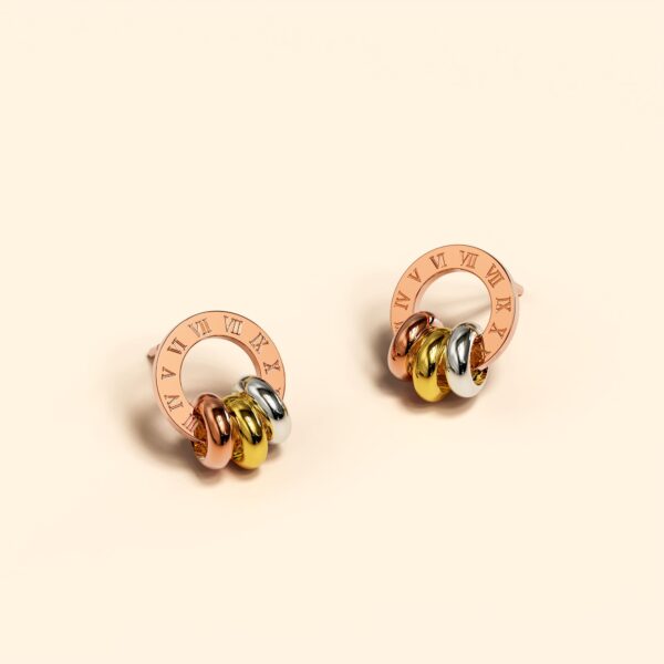 Roman Numeral Tri Tone Stud Earrings - Image 2